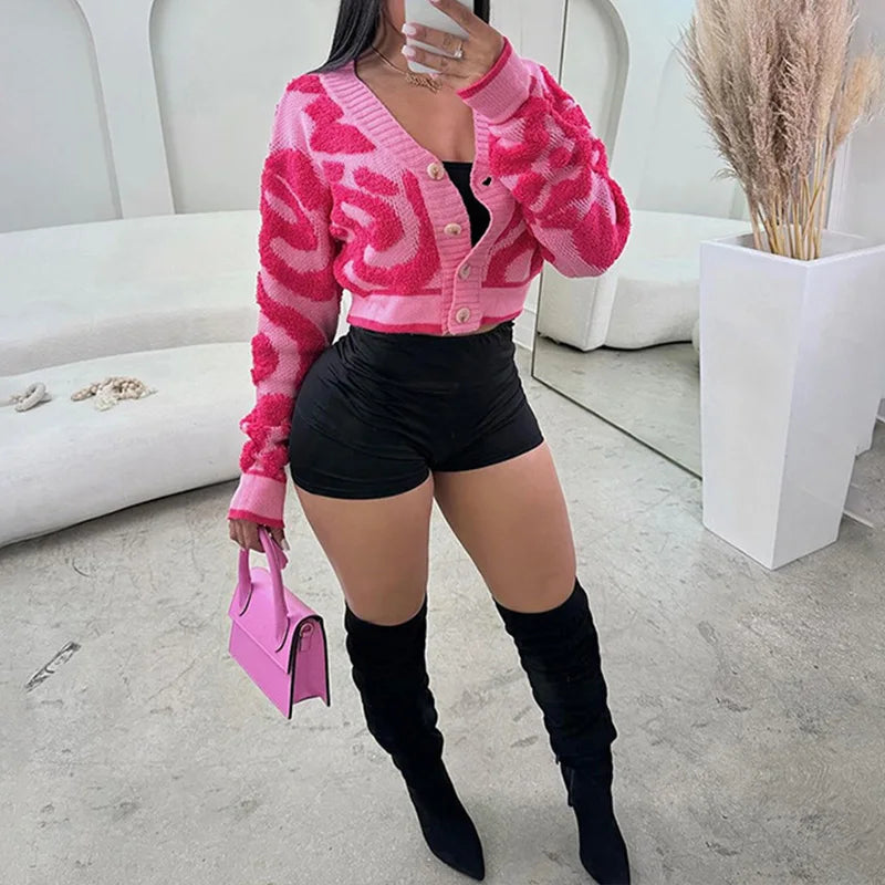 BKLD 2025 Autumn Fashion Y2K Contrasting Cropped Tops V Neck Long Sleeved Single-breasted Sweet Cardigan Women's Casual Knitwear