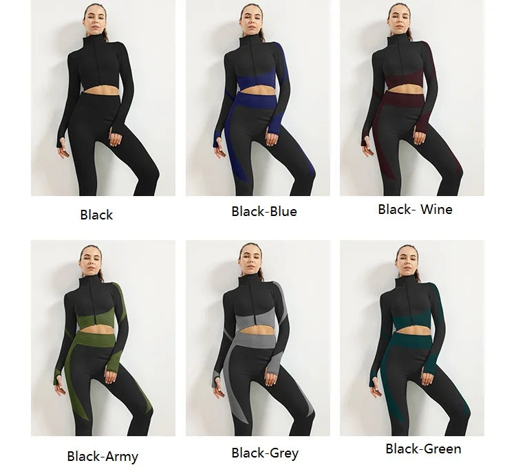 2/3pcs Woman Fitness Sports Yoga Set  Long Sleeves Zipper Jacket Cross Back Bra High Waisted GYM Stretch Leggings Workout Sets