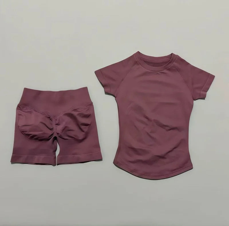 2 Pieces Impact Sports Sets Short Sleeve Seamless Yoga Top Fitness Set Women Workout Running Sports Shorts Gym Suit