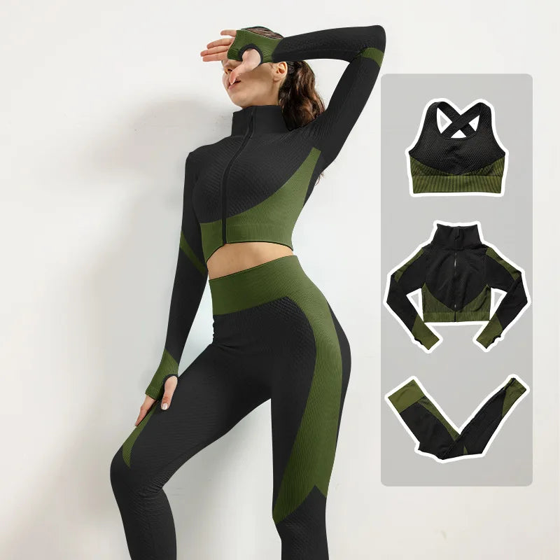 2/3pcs Woman Fitness Sports Yoga Set  Long Sleeves Zipper Jacket Cross Back Bra High Waisted GYM Stretch Leggings Workout Sets