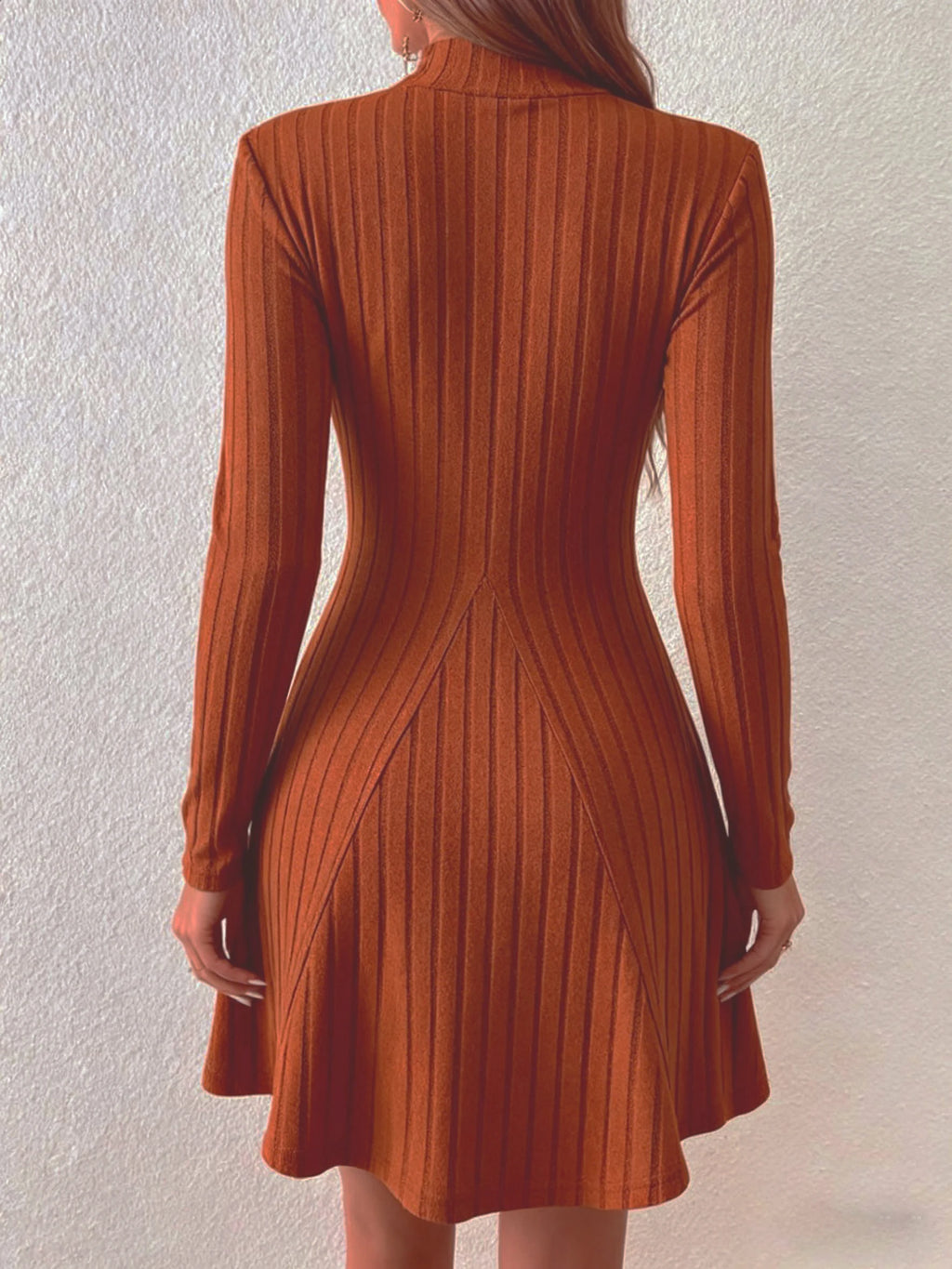 Women's slim fit half high collar waist cinched A-line skirt long sleeved pit stripe dress