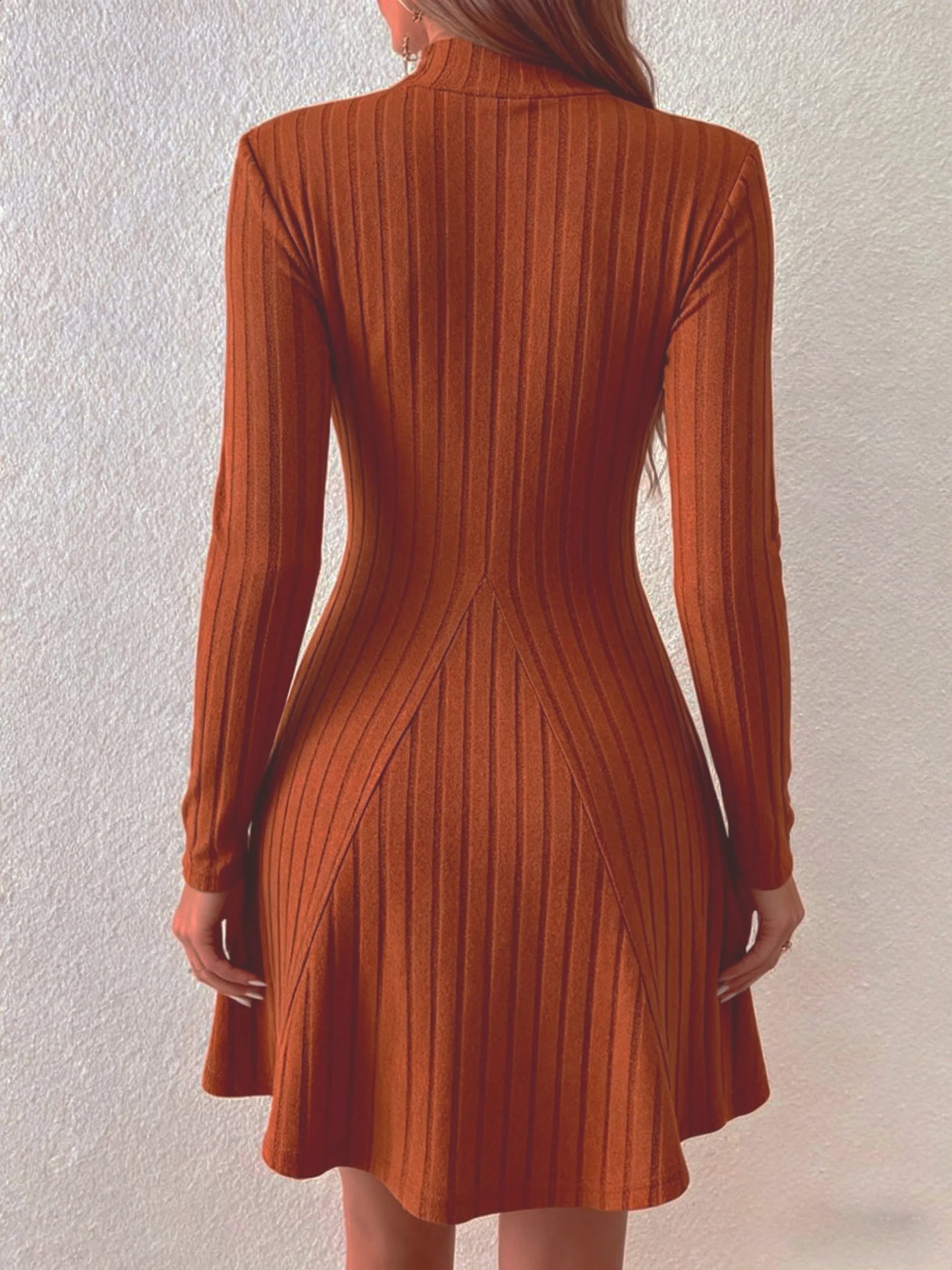 Women's slim fit half high collar waist cinched A-line skirt long sleeved pit stripe dress