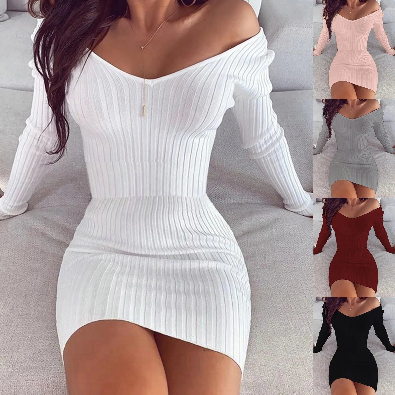 Slim Knitted Dress for Women Solid Color V Neck Long Sleeve Stretchy Short Bodycon Dress Autumn Winter Casual Short Dress