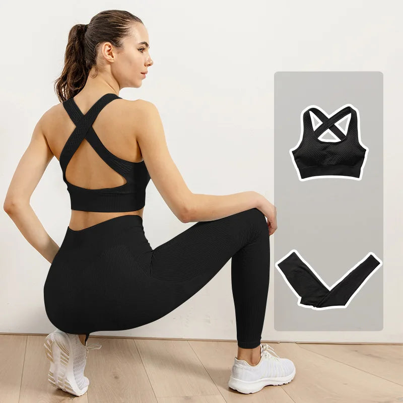 2/3pcs Woman Fitness Sports Yoga Set  Long Sleeves Zipper Jacket Cross Back Bra High Waisted GYM Stretch Leggings Workout Sets