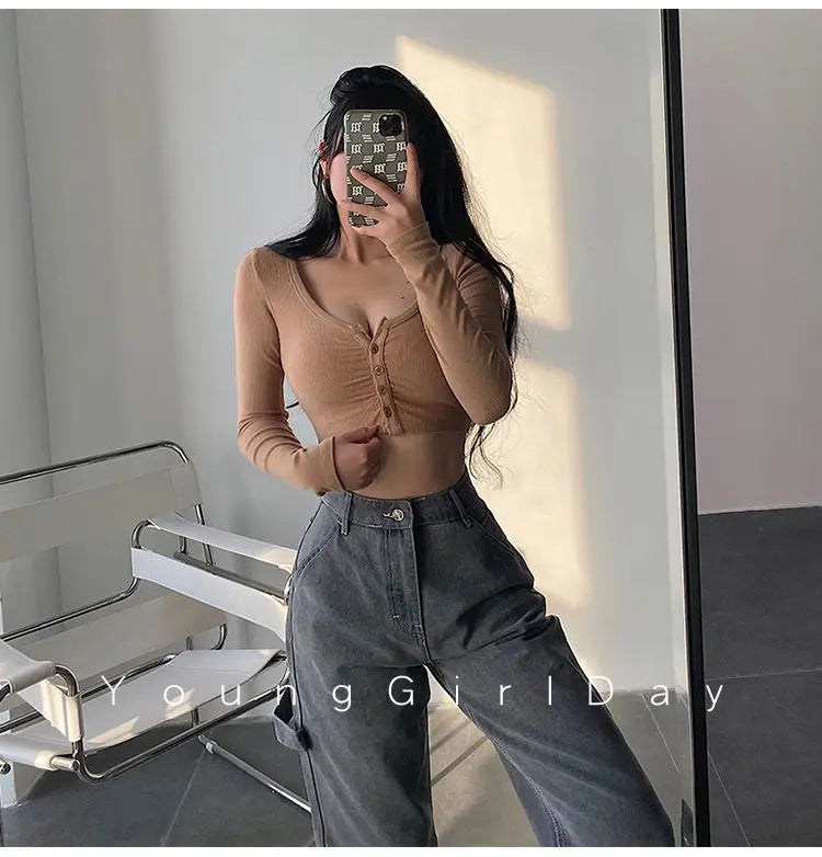 Sexy Hot Girl Tie Dye Long Sleeve T-Shirt Ultra Short Tight Inner Wear Base Shirt Jazz Dancing Black Top Women's Cotton Tee