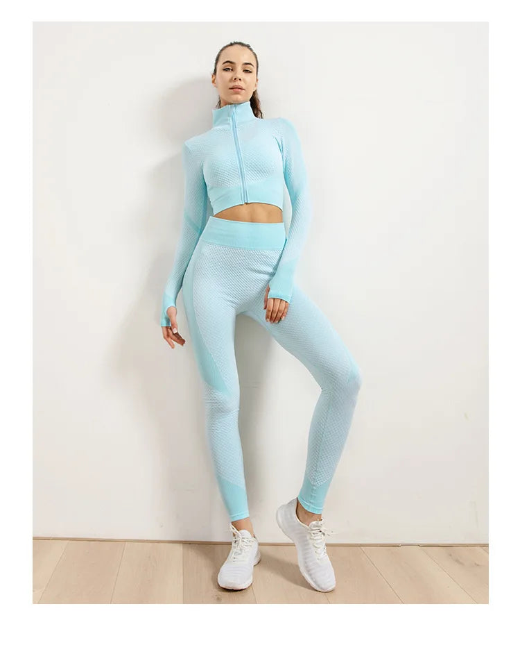 2/3pcs Woman Fitness Sports Yoga Set  Long Sleeves Zipper Jacket Cross Back Bra High Waisted GYM Stretch Leggings Workout Sets