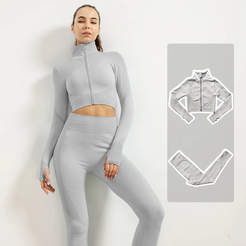 2/3pcs Woman Fitness Sports Yoga Set  Long Sleeves Zipper Jacket Cross Back Bra High Waisted GYM Stretch Leggings Workout Sets