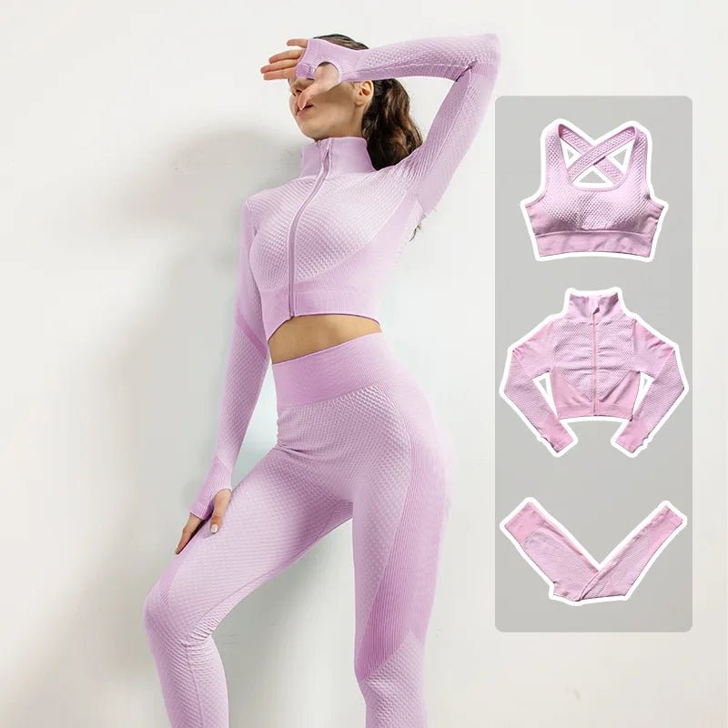 2/3pcs Woman Fitness Sports Yoga Set  Long Sleeves Zipper Jacket Cross Back Bra High Waisted GYM Stretch Leggings Workout Sets