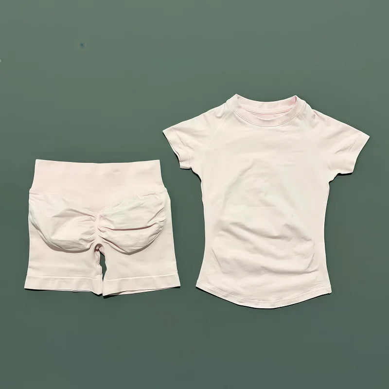 2 Pieces Impact Sports Sets Short Sleeve Seamless Yoga Top Fitness Set Women Workout Running Sports Shorts Gym Suit