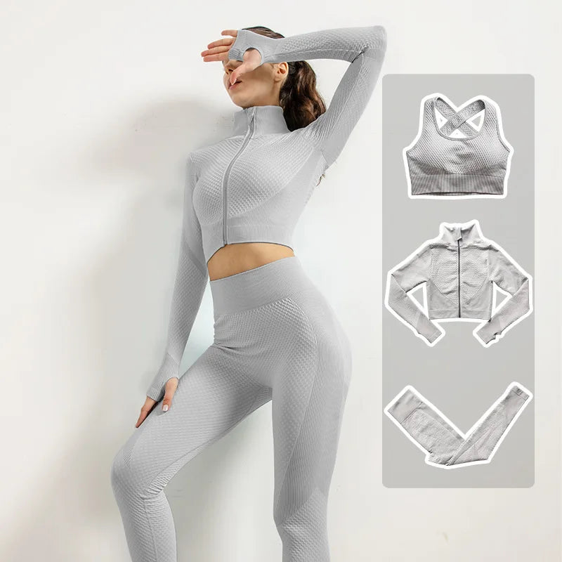 2/3pcs Woman Fitness Sports Yoga Set  Long Sleeves Zipper Jacket Cross Back Bra High Waisted GYM Stretch Leggings Workout Sets