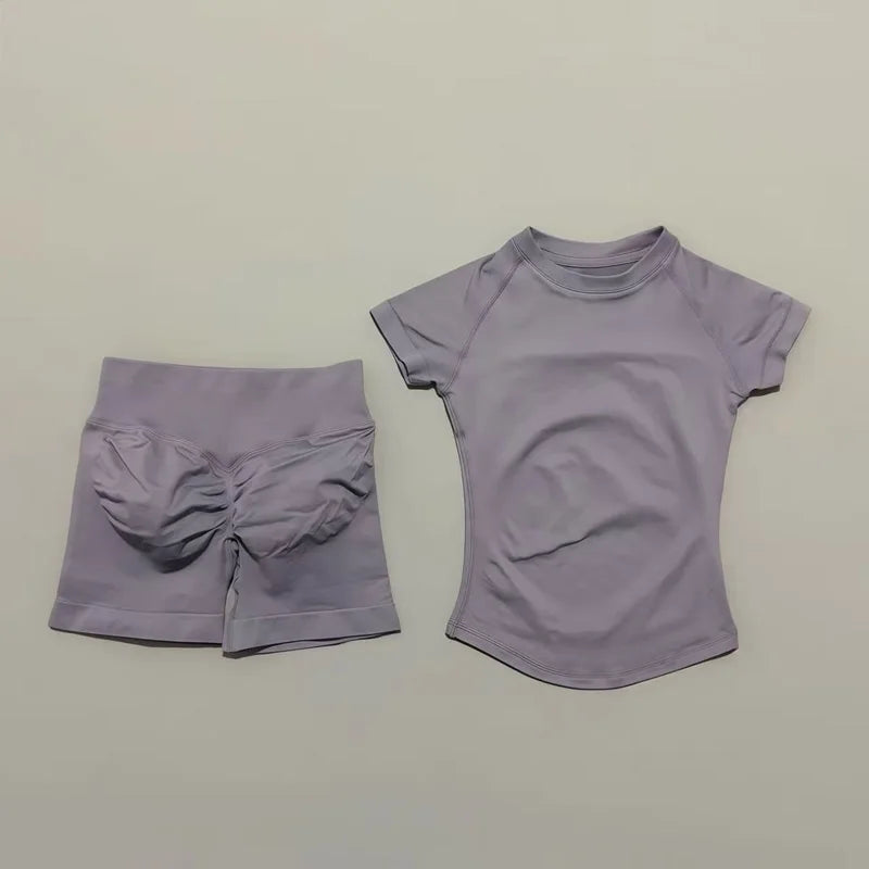 2 Pieces Impact Sports Sets Short Sleeve Seamless Yoga Top Fitness Set Women Workout Running Sports Shorts Gym Suit