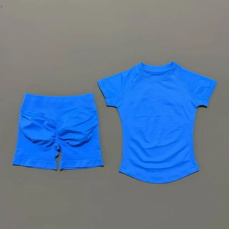 2 Pieces Impact Sports Sets Short Sleeve Seamless Yoga Top Fitness Set Women Workout Running Sports Shorts Gym Suit