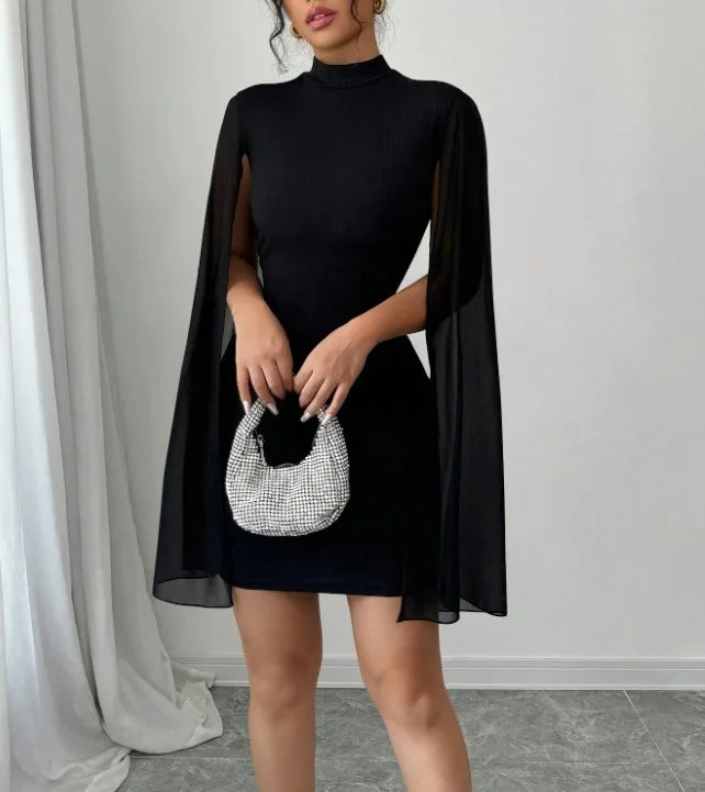 2025 Cross border European and American Women's Round Neck Pit Bar Pearl Chiffon Cloak Wrapped Hip Dress for Women