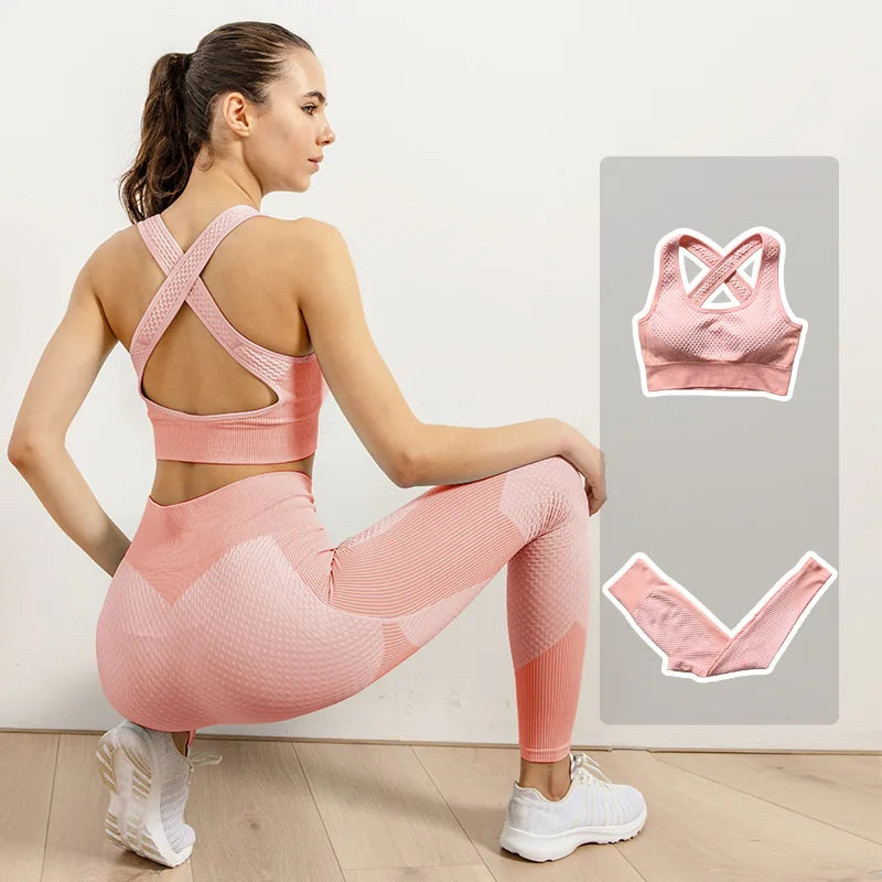 2/3pcs Woman Fitness Sports Yoga Set  Long Sleeves Zipper Jacket Cross Back Bra High Waisted GYM Stretch Leggings Workout Sets