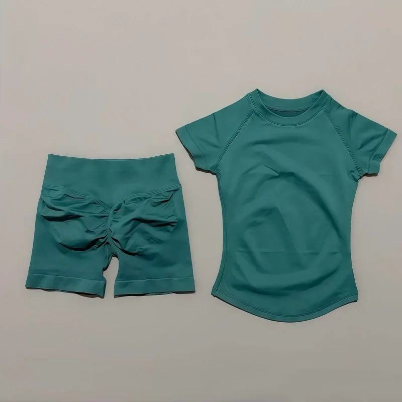 2 Pieces Impact Sports Sets Short Sleeve Seamless Yoga Top Fitness Set Women Workout Running Sports Shorts Gym Suit