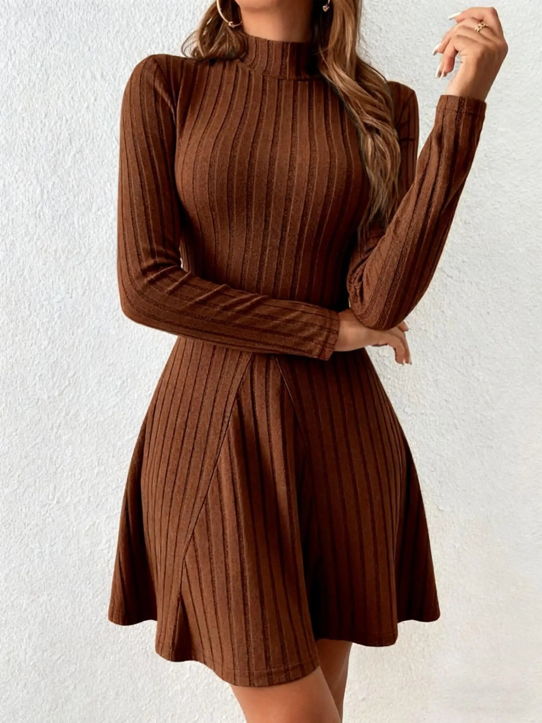 Women's slim fit half high collar waist cinched A-line skirt long sleeved pit stripe dress
