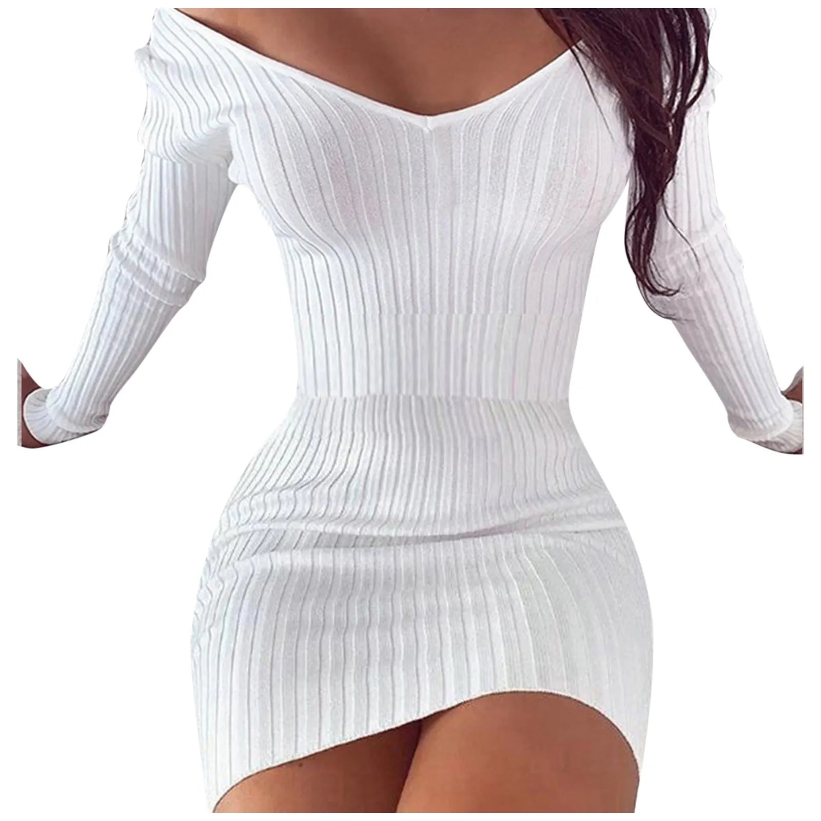 Slim Knitted Dress for Women Solid Color V Neck Long Sleeve Stretchy Short Bodycon Dress Autumn Winter Casual Short Dress