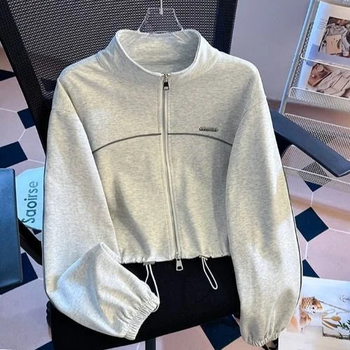 American Sle ort Zipper Hoodie Jaet Women Early Autumn Stand Collar Long Sve Double Headed Zipper Open Cardigan Eleg...