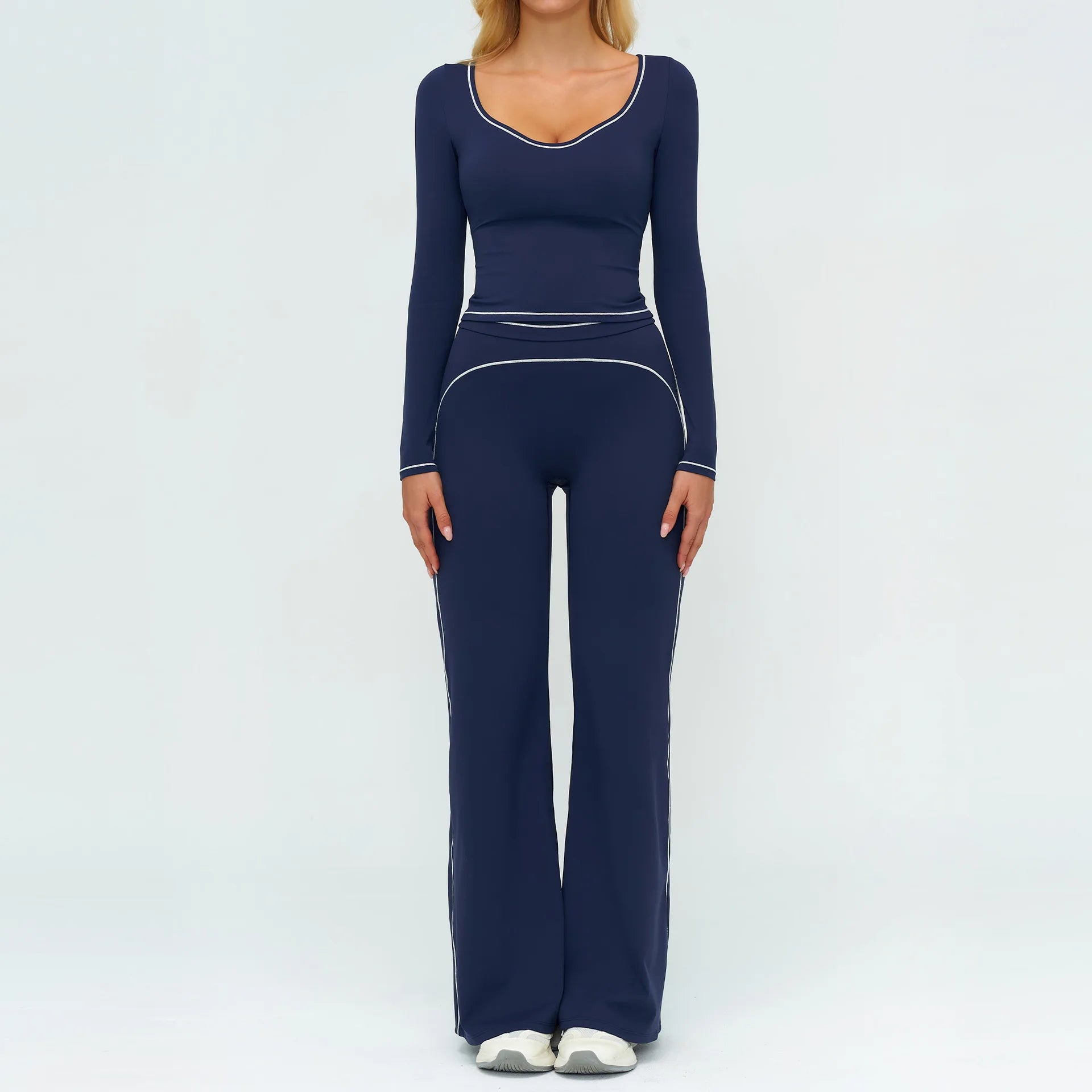 2PCS Yoga Set Gym Fitness Suits Outdoor Sports Outfits Women Tracksuit Sportswear Workout Long Sleeved Flared Pants Gym Clothes