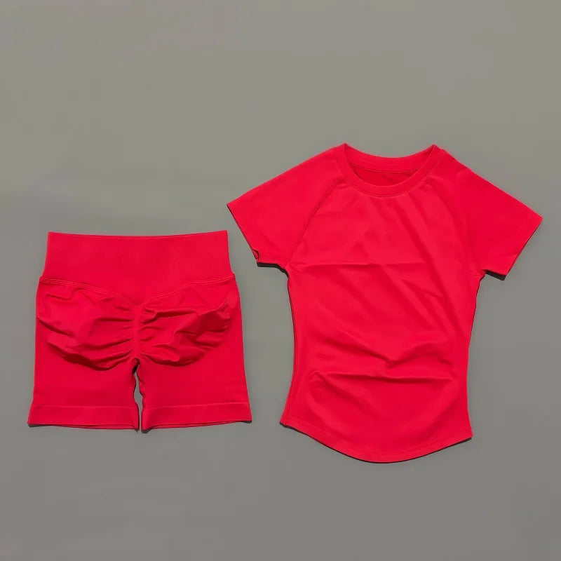 2 Pieces Impact Sports Sets Short Sleeve Seamless Yoga Top Fitness Set Women Workout Running Sports Shorts Gym Suit