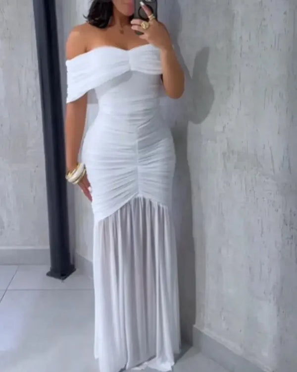 Dresses for Women 2025 Elegant Sexy Off Shoulder Ruched Cinched Waist Evening Dress Slim Fit Mermaid Hem Party Dress