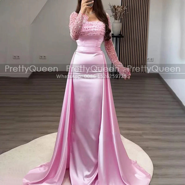 Customized Square Neck Mother of the Bride Dresses Sequins Sheer Long Sleeves Mermaid Waistline Cap Prom Dress